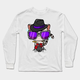 Cute Tabby Cat jamming on the drums Long Sleeve T-Shirt